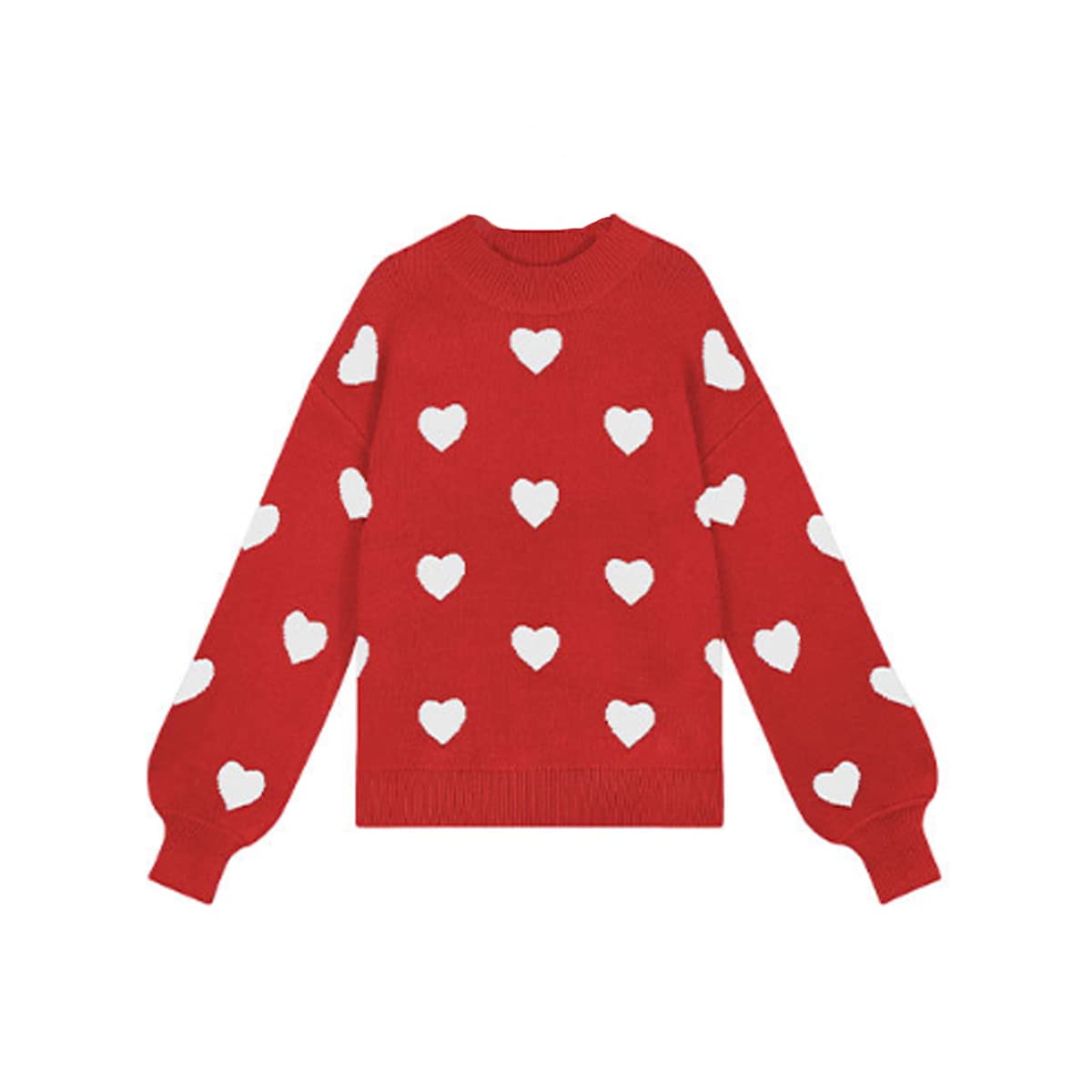 Women's Casual Sweater With Heart Pattern Print Round Neck Fashion Pullover Cute